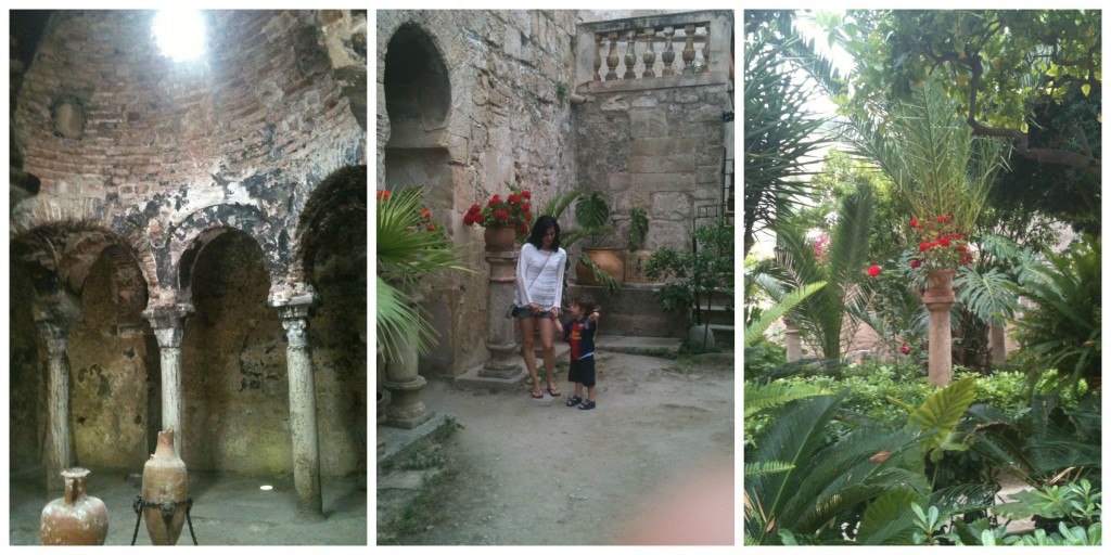 Collage of photos of the Arab baths in Palma de Mallorca: interior, my son and I in the baths garden, greenery