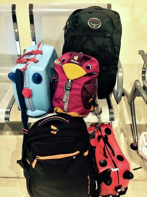 Our favourite carry on luggage, all piled up in the airport!