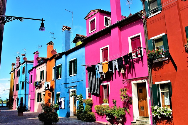Colourful houses and laundry hanging to dry in Burano