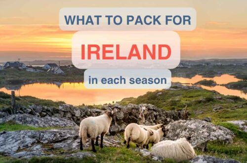 Image of Ireland at sunset with sheep and overlay text: what to pack for Ireland in each season