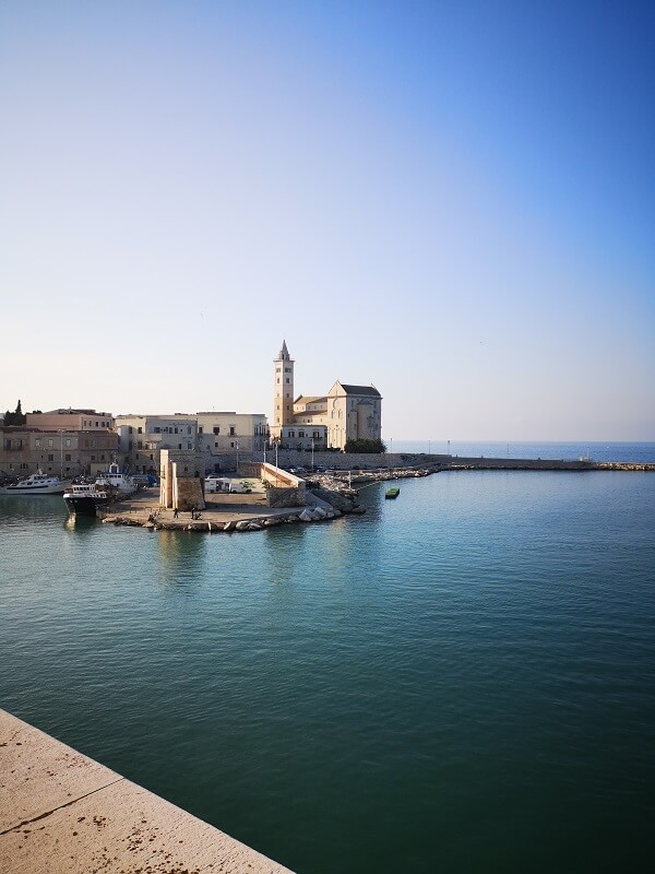Trani duomo with the sea in front as seen from the city park