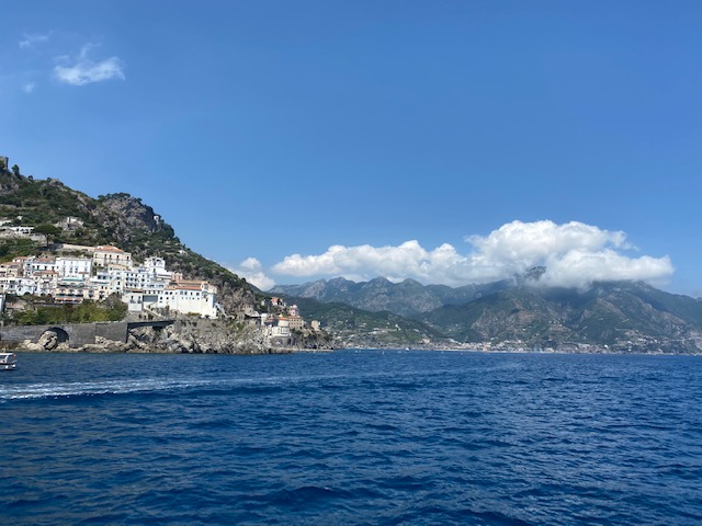 view of Amalfi Coast from the sea in summer
