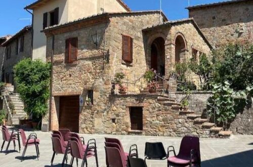 Monticchiello square with theater seats in the middle