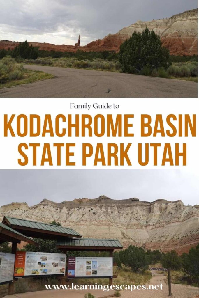 Two images of Kodachrome Basin with spire and socks with tent: family guide to Kodachrome basin State Park Utah