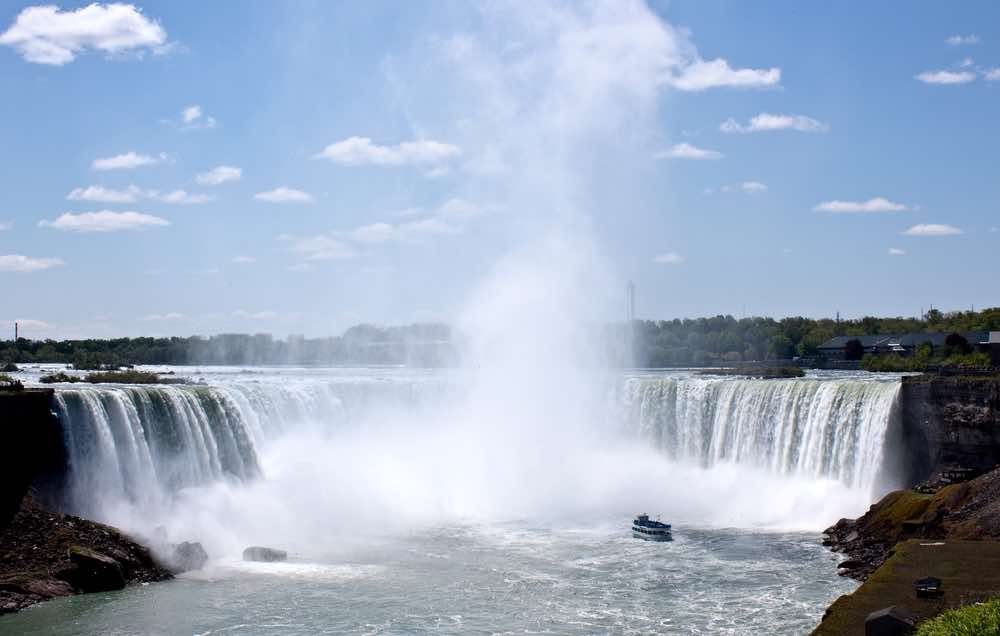 view of horseshoes waterfall Niagara Falls with boats in front