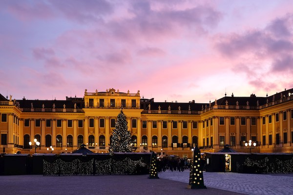 sunset at Schonbrunn Vienna with Crhistmas decorations