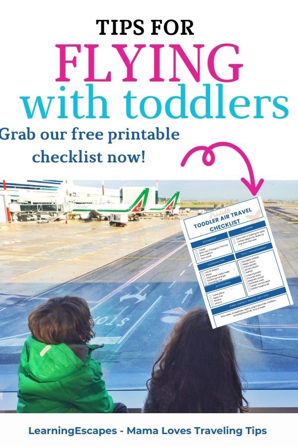 Toddlers waiting to board a place with text: tips for flying with toddlers Grab our free printable checklist now!