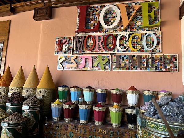 Love Morocco Colorful sing with spices in a market in Marrakesh