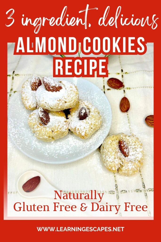 A photo of my soft almond Cookies with overlay text: 3 ingredient, delicious almond Cookes recipes naturally gluten free and dairy free
