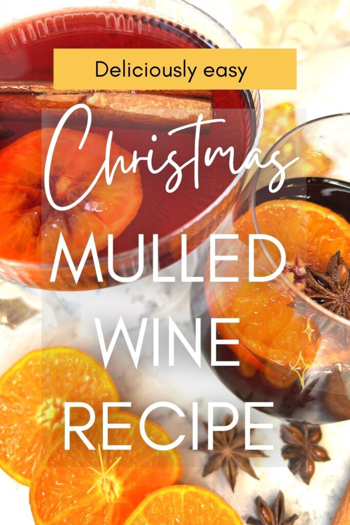 Mulled wine glasses on marble surface with text: deliciously easy Christmas mulled wine recipe