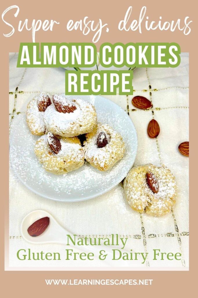 A photo of my soft almond Cookies with overlay text: super easy, delicious almond Cookes recipes naturally gluten free and dairy free
