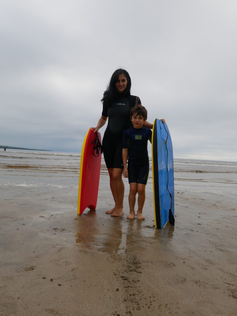 Myself and my son bodyboarding in Ireland